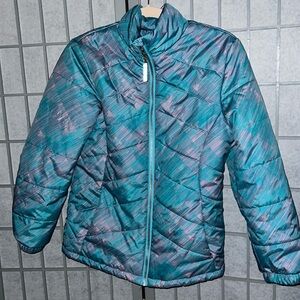 Medium weight mock neck zippered teal/purple/pink jacket GUC